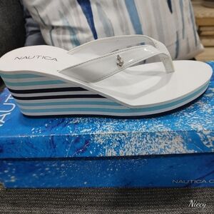 Nautica White and Blue Striped Wedge Flip Flops